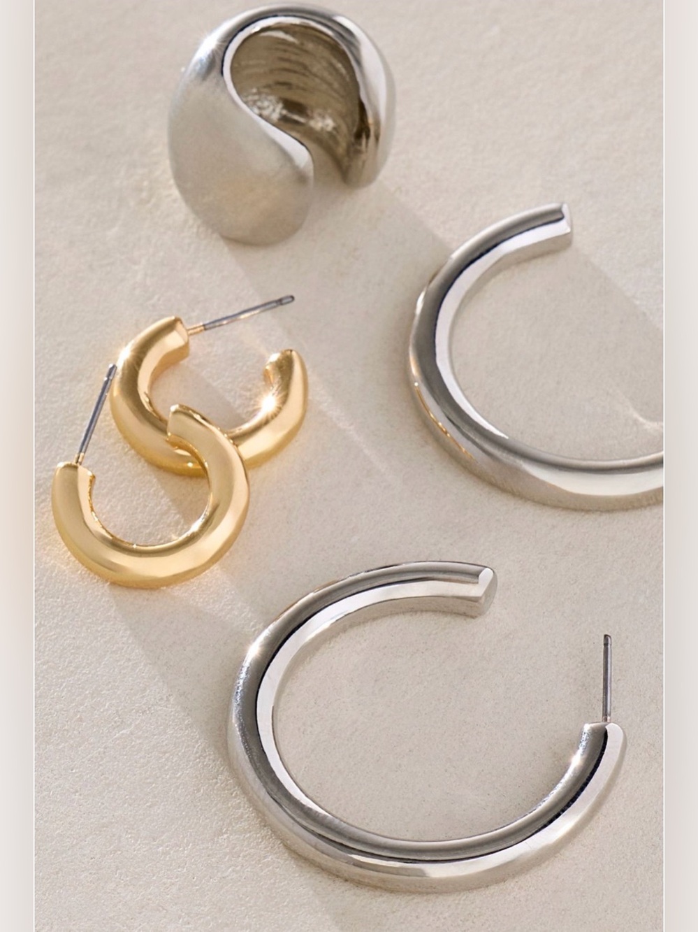 Free People Silver & Gold Chunky Hoop Earring & Ear Cuff Set - New